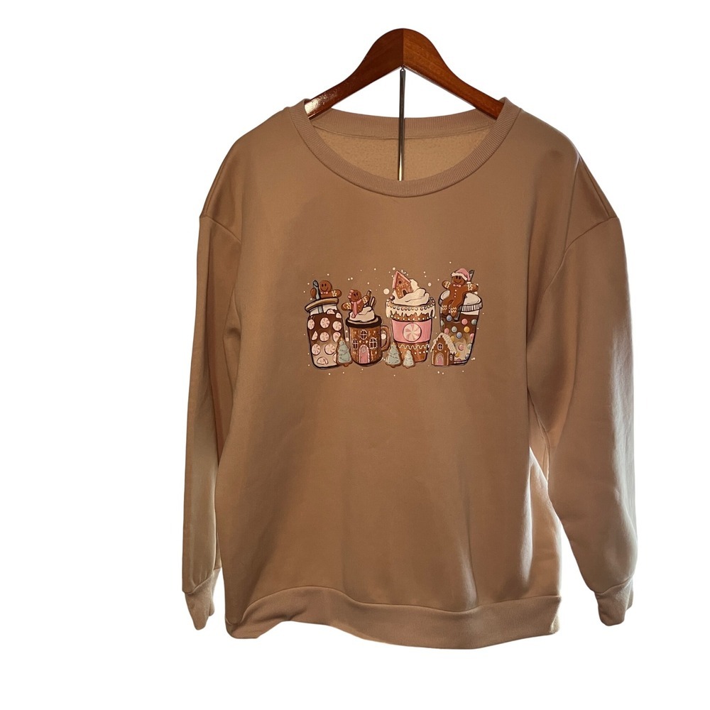SHEIN CURVE Woman's Size xL Gingerbread Coffee Cup Graphic Sweatshirt  Beige